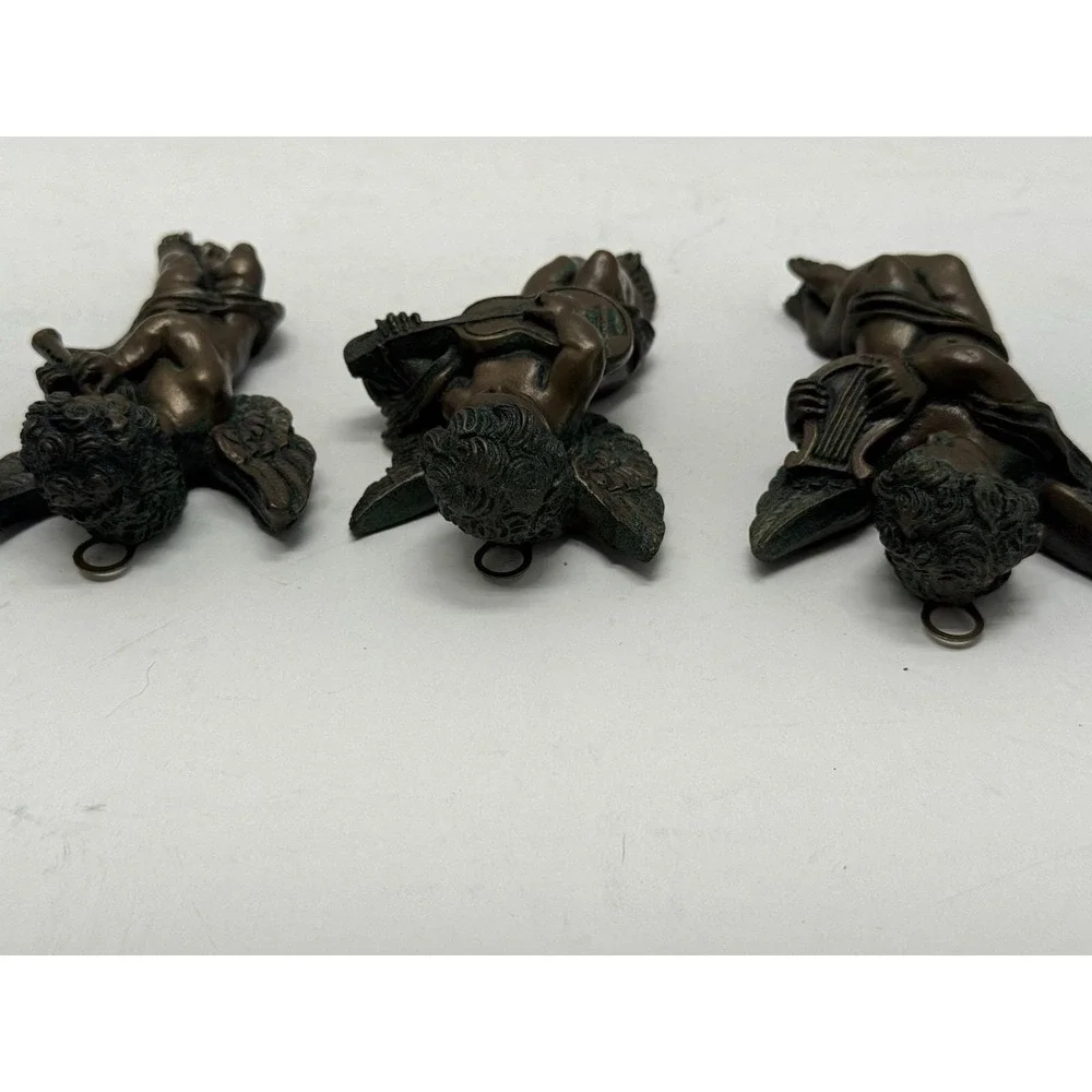 Set of 3 Vtg Bronze Tone Metal Putti Cherub Angel Wall Decor Hangins 4.25